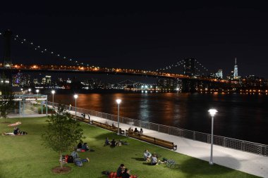 Williamsburg, Brooklyn Williamsburg Köprüsü ve Manhattan siluetinin içinde belgili tanımlık geçmiş ile gece parkta Domino
