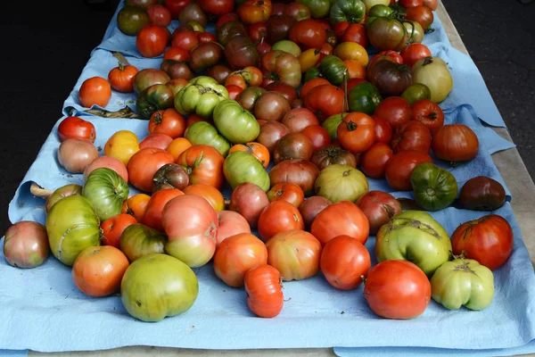 Tomates Varios Colores Mesa Mercado Agricultores — Foto de Stock