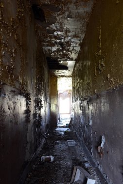 Terk edilmiş bir apartman Detroit'in karanlık koridorda