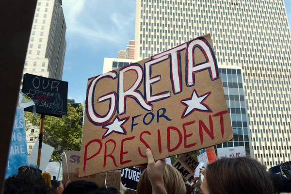 Greta Thunberg President Sign Climate Strike Foley Square New York — Stock Photo, Image