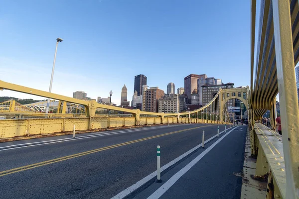 Looking Down the Roberto Clemente Bridge Toward Downtown Pittsburgh Pennsylvania