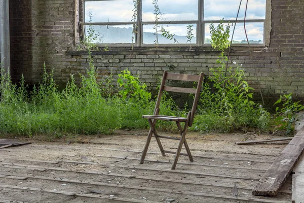 Empty Chair Inside an Abandoned Building with Weeds Growing from the Floor