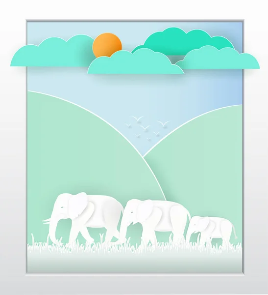 Vector Nature Wildlife Elephant Views Landscape Colors Beautiful Papercut Used - Stok Vektor