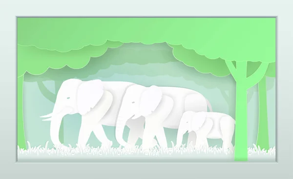 Vector Nature Wildlife Elephant Views Landscape Colors Beautiful Papercut Used - Stok Vektor
