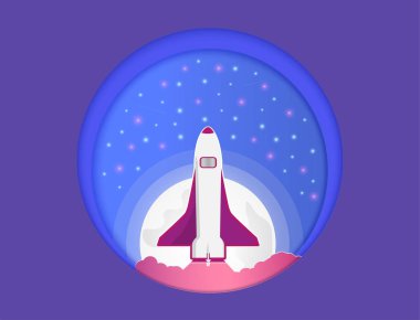 Kağıt kesiği ve evrenin vektör ve yukarı uçmak roket edildi. Ve güzel renkli eğilim ve yıldızlar ve ay ve bir simge veya arka plan olarak kullanılabilir