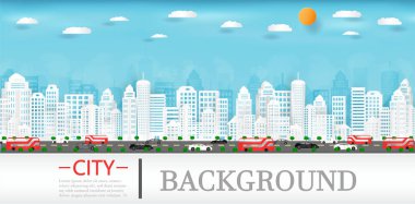 Vektör kağıt kesiği ve Binalar ve evler ve bir anne ile cityscape