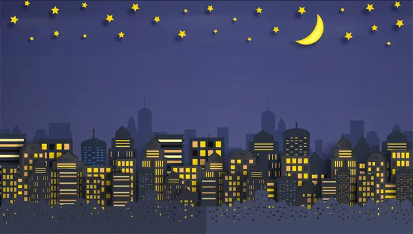 Paisaje urbano con grupo de rascacielos en la noche . — Vector de stock