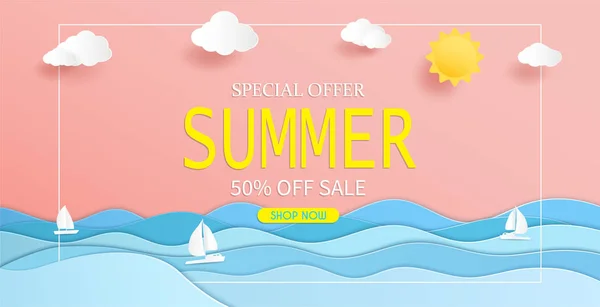 Vista mar e design de banner de venda de verão com corte de papel . — Vetor de Stock