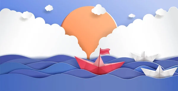Conceito de liderança e Origami feito barco de papel vermelho . — Vetor de Stock