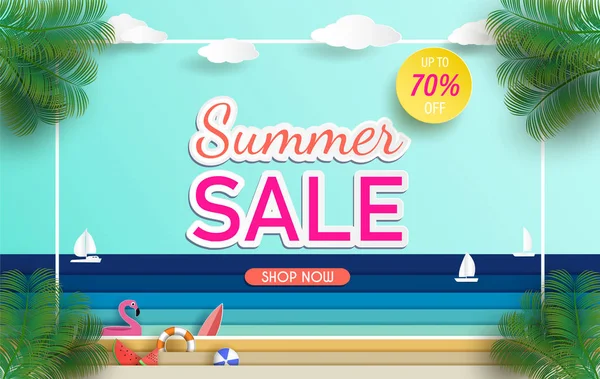 Kağıt kesim ile Deniz manzarası ve Yaz satış afiş tasarımı. 