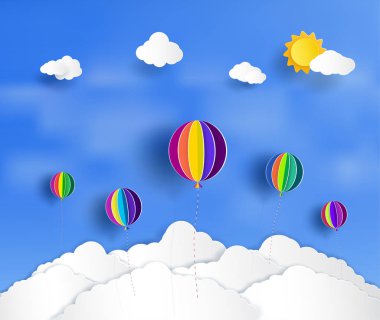 Vektör kağıt kesme. Ve bulutların üzerinde yüzen güzel ve renkli balonlar var. Ve doğal parlak. Ve origami tarzı tasarım.ve bir illüstrasyon ya da arka plan. 