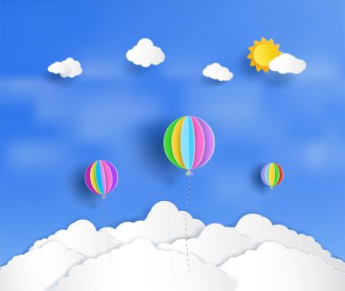 Vektör kağıt kesme. Ve bulutların üzerinde yüzen güzel ve renkli balonlar var. Ve doğal parlak. Ve origami tarzı tasarım.ve bir illüstrasyon ya da arka plan. 
