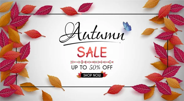 Herbst Verkauf Banner Design Mit Bunten Saisonalen Herbstblättern Und Für — Stockvektor