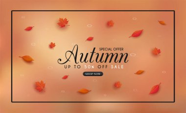 Renkli mevsimlik sonbahar yapraklı sonbahar satış afişi tasarımı. ve konsept sonbahar reklamı. Alışveriş indirimi promosyonu, çerçeve broşürü veya internet afişi için. ve illüstrasyon veya arkaplan olarak kullanılır.