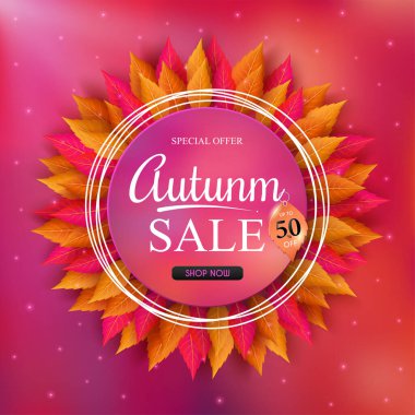 Sonbahar satış afişi tasarımı ve renkli mevsimlik sonbahar yaprakları. ve konsept sonbahar reklamı. Alışveriş indirimi promosyonu, çerçeve broşürü veya internet afişi için. ve illüstrasyon veya arkaplan olarak kullanılır.