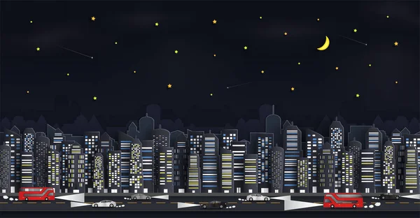 夜は高層ビル群が立ち並ぶ街並みや街中のパノラマビュー 車の往来など ヨーロッパの街や紙切りのデザインを表現しています 背景には — ストックベクタ