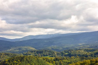 Polonya 'nın Karkonosze Dağları' ndaki yeşil tarlalardan, ormanlardan ve dağlardan manzara.