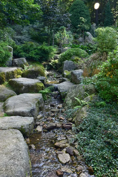 Gyönyörű Japán Kert Látogatott Egy Napsütéses Nyári Napon Víz Sziklák — Stock Fotó