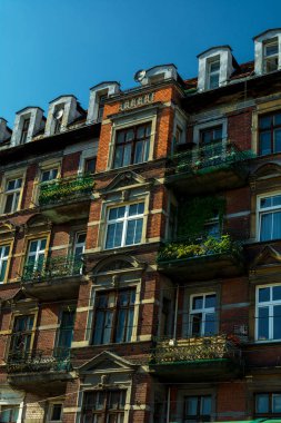 Muhteşem antik mimari Rönesans tarzında. Renkli ve çok farklı binalar Poznan antik şehir.