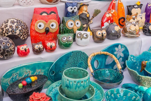 Clay birds owls, dishes. Folk art. Poland Opole