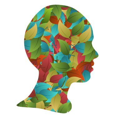 Silhouette bir kızın kafası ve sonbahar yaprakları, kavram ekoloji