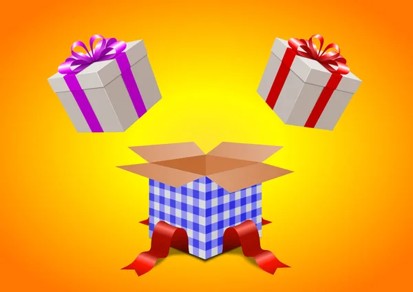 Flying Open Gift Box Christmas Orange Background — Stock Photo, Image