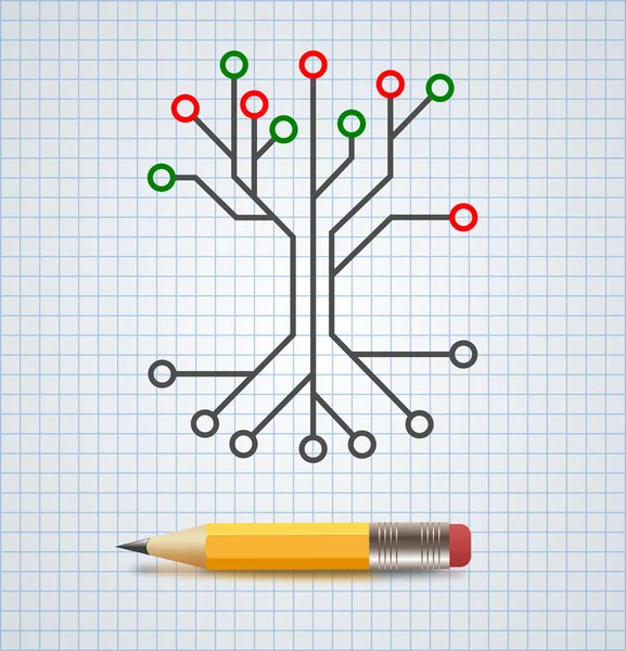 Printed circuit like tree with root and background grid paper with pencil