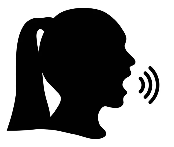 Czarna sylwetka głowa dziewczyna, komunikacja lub krzyk — Wektor stockowy