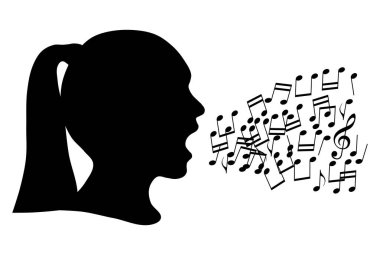 Siyah siluet baş kız ve nota 