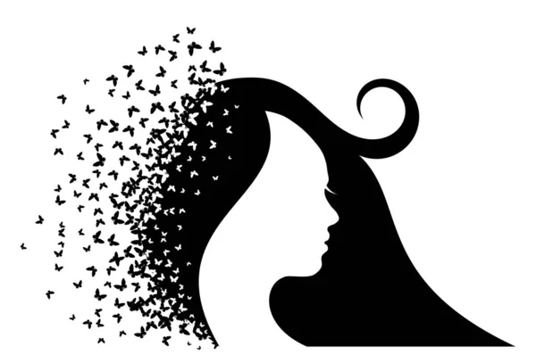Silhouette noire d'une fille aux papillons — Image vectorielle