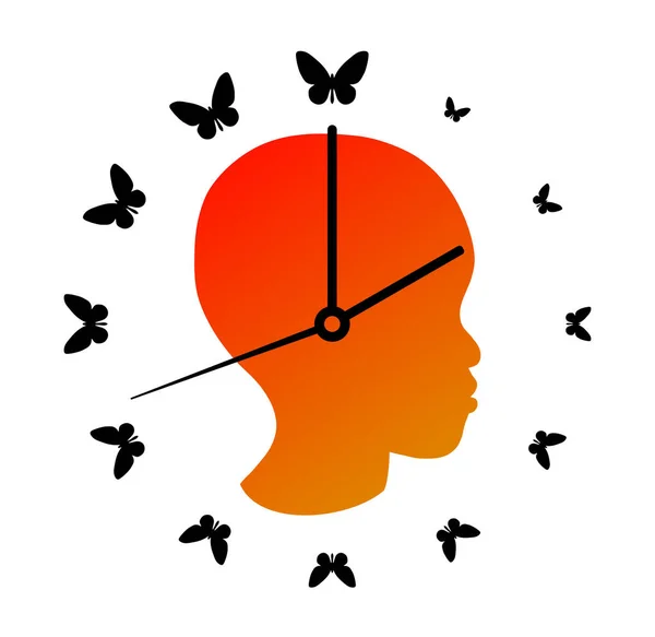 Silhouette of the girl head and wall clock — Stock Vector