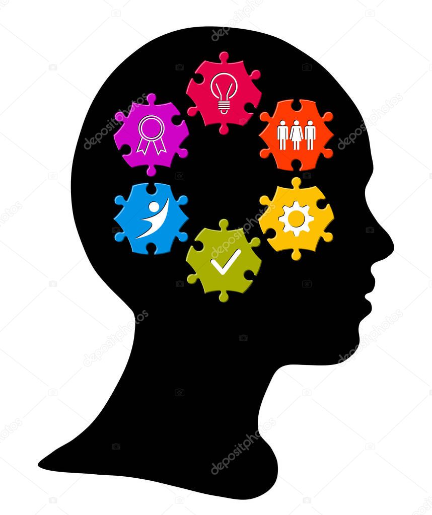 Silhouette of human head, Puzzle shape hexagon and icon