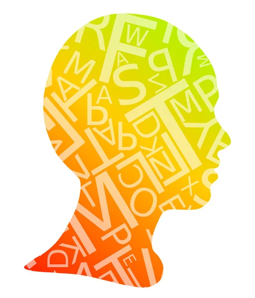 Silhouette de tête humaine, lettres éparses chaotiques — Image vectorielle