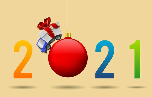 2021 Gelukkig Nieuwjaar Levering Vrachtwagen Met Geschenkdoos Kerstbal Illustratie — Stockfoto
