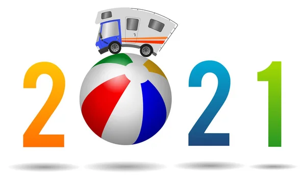 2021 Gelukkig Nieuwjaar Caravan Auto Comfortabel Reizen Vakantie Strandbal — Stockfoto