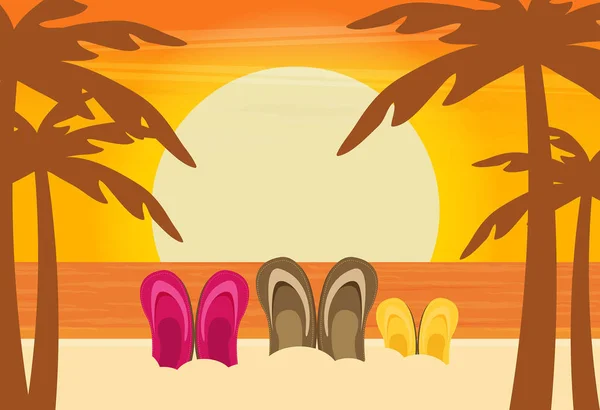 Chaussures Famille Sable Sur Plage Sur Fond Coucher Soleil — Image vectorielle