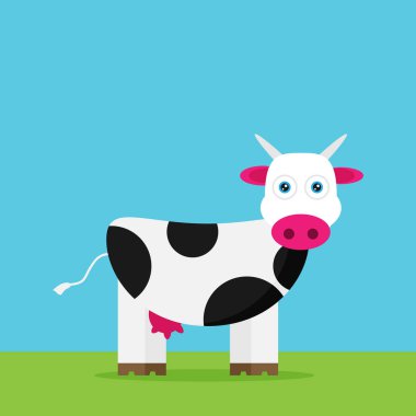 Mavi zemin üzerine yeşil çimenlerin üzerinde inek