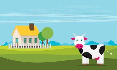 Ev ve ağaçlar arka plan üzerinde'nın bahçesinde inek