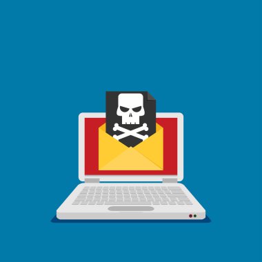laptop ekran üzerinde zarf ve korsan kafatası ile