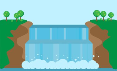 Şelale arasında uçurum ağaçları ile ve yeşil çimen