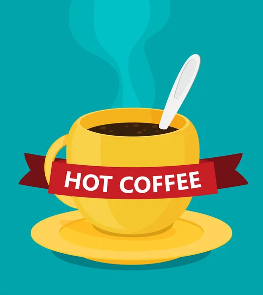 Geel Met Rood Lint Belettering Warme Koffie Cup — Stockvector