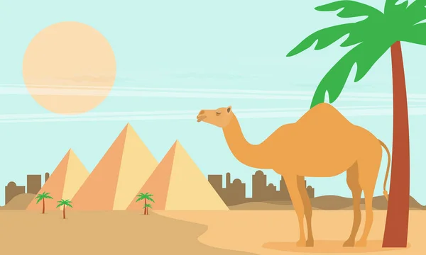 金字塔背景下手掌附近的骆驼 — 图库矢量图片