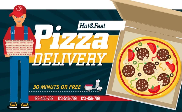 Pizza Leverans Reklamblad Med Courier Svart Bakgrund — Stock vektor