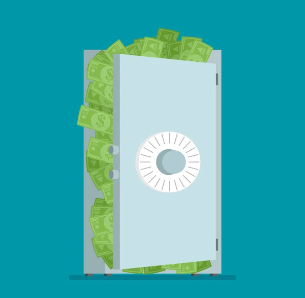 Cofre Com Dinheiro Verde Dentro Fundo Azul — Vetor de Stock