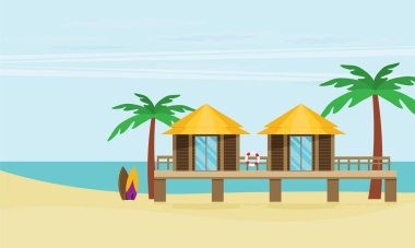 tropikal bungalovlar kumlu plaj, vektör, illüstrasyon, yaz konsepti 