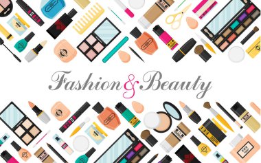 düz stil makyaj ve cilt bakımı arka plan ile kozmetik, vektör, illüstrasyon