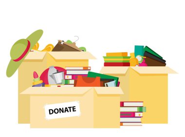 Mülteciler için bağış kutularını düz tasarım, vektör, illüstrasyon