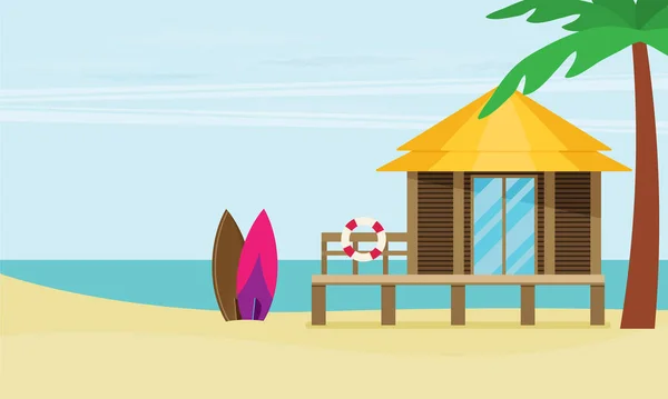 Bungalow Tropical Playa Arena Vector Ilustración Concepto Verano — Vector de stock