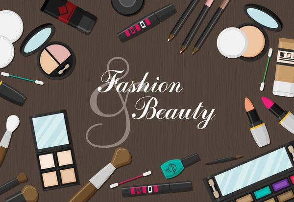 Maquillaje Estilo Plano Fondo Cuidado Piel Con Cosméticos Vector Ilustración — Vector de stock