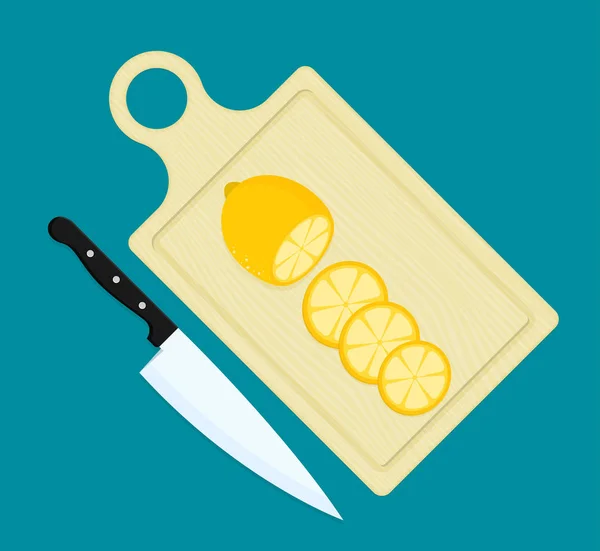 Mutfak Kesme Tahtası Mutfak Bıçağı Vektör Illüstrasyon Ile Limon Dilimleri — Stok Vektör
